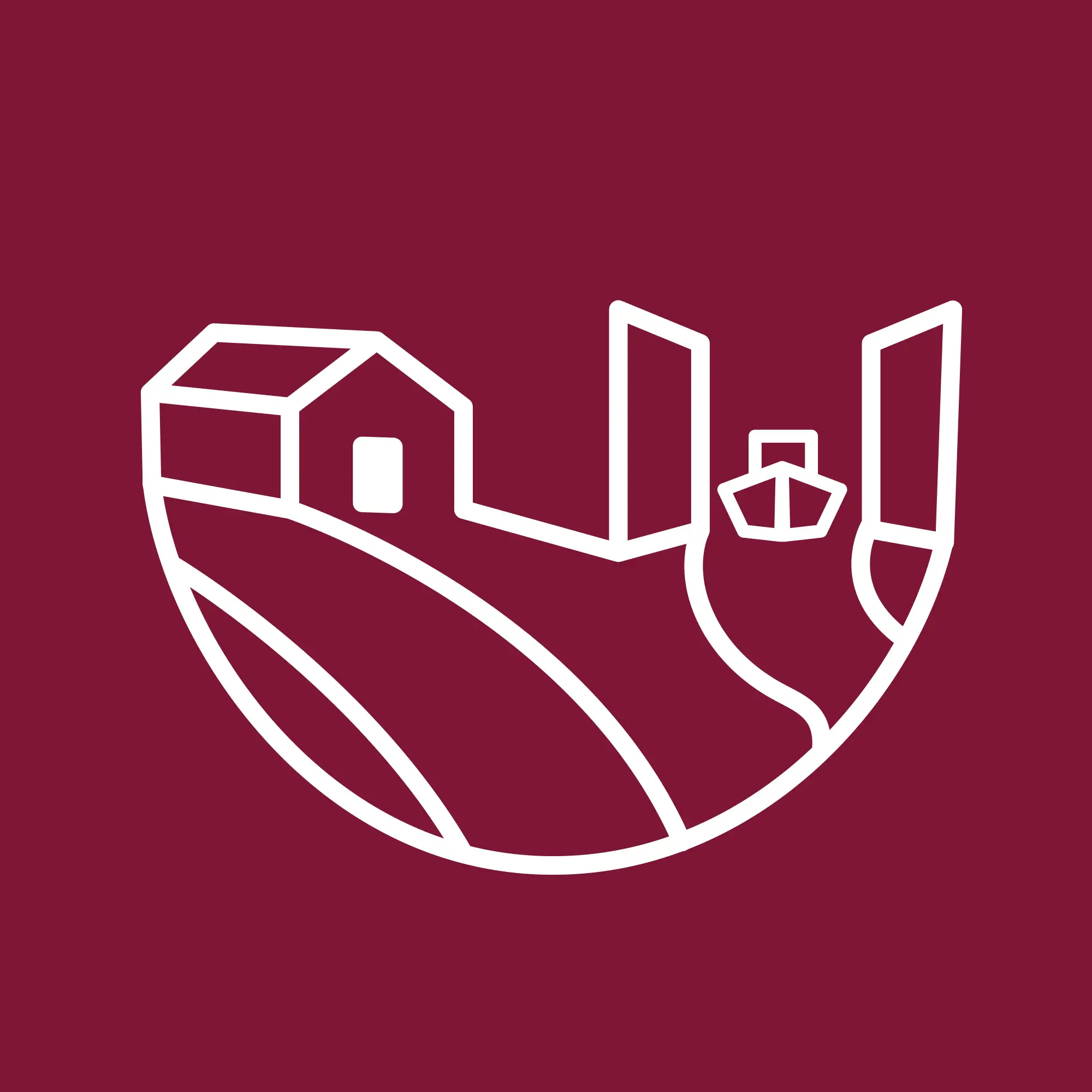 Minimalistisches, dunkelrotes Logo-Design eines Unternehmens Fotograf und Imagevideograf, das stilisierte Gebäude, eine Landschaft und ein Boot in einer Bucht in weißer Linienführung zeigt. Minimalistisches, dunkelrotes Logo-Design eines Unternehmens Fotograf und Imagevideograf, das stilisierte Gebäude, eine Landschaft und ein Boot in einer Bucht in weißer Linienführung zeigt.